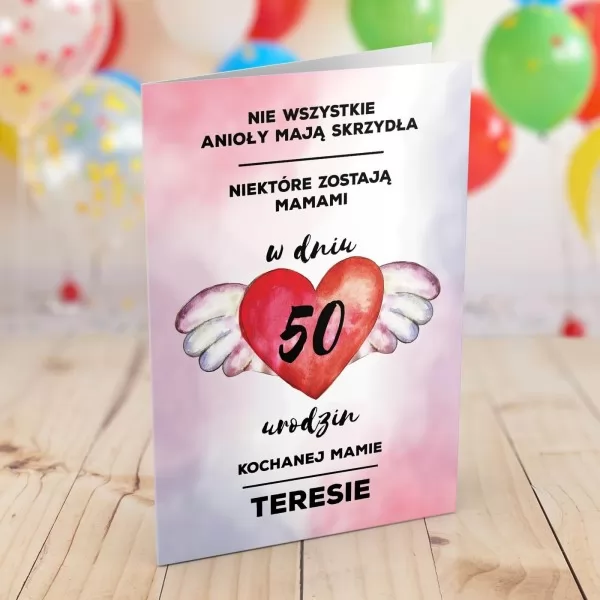 Karta z życzeniami na 50 urodziny dla mamy - Anioł
