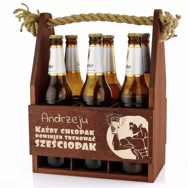 Grawerowana drewniana skrzynka na piwo Sześciopak na urodzinowy prezent