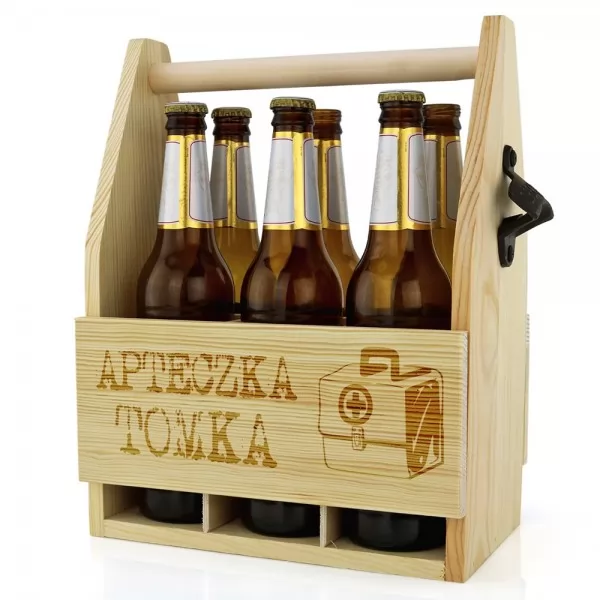 Grawerowana drewniana skrzynka na piwo z otwieraczem na prezent urodzinowy