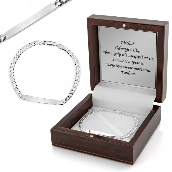 Bransoletka srebrna w pudełku z grawerem dedykacji na prezent urodzinowy