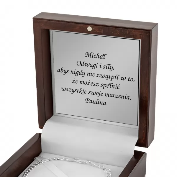 Bransoletka srebrna w pudełku z grawerem dedykacji na prezent urodzinowy