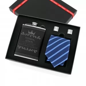 zestaw prezentowy piersiówka ze spinkami i krawatem na prezent dla dziadka
