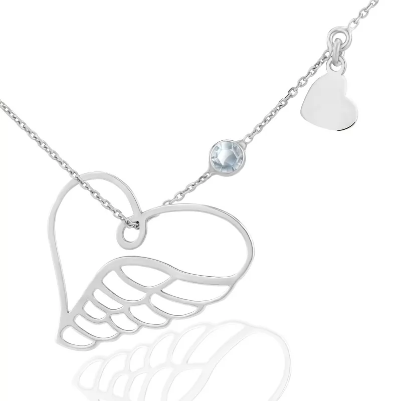 srebrny ażurowy naszyjnik z zawieszką w kształcie skrzydła i serca anioła z serduszkiem i kryształkiem na prezent dla narzeczonej na urodziny